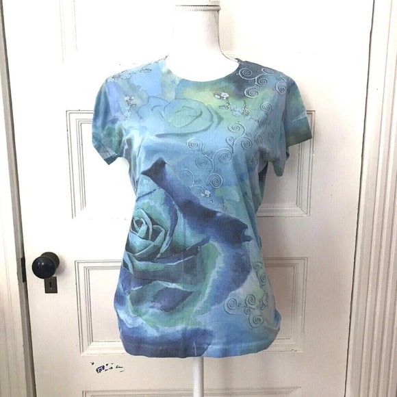 Yukiko Blue Abstract Floral Allover Graphic T Shirt - Picture 1 of 4